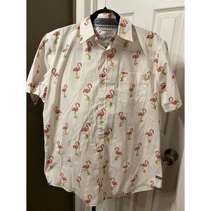 Huntington‎ BC Men's Large White w Pink Flamingos Button Down Surf Shirt